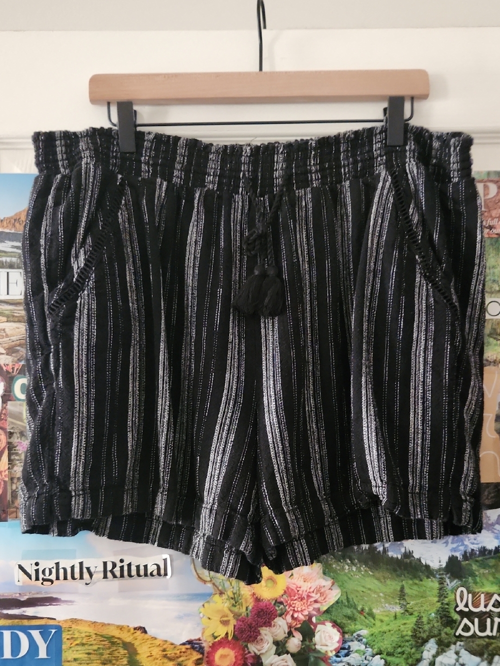 Black and White Striped Drawstring Shorts